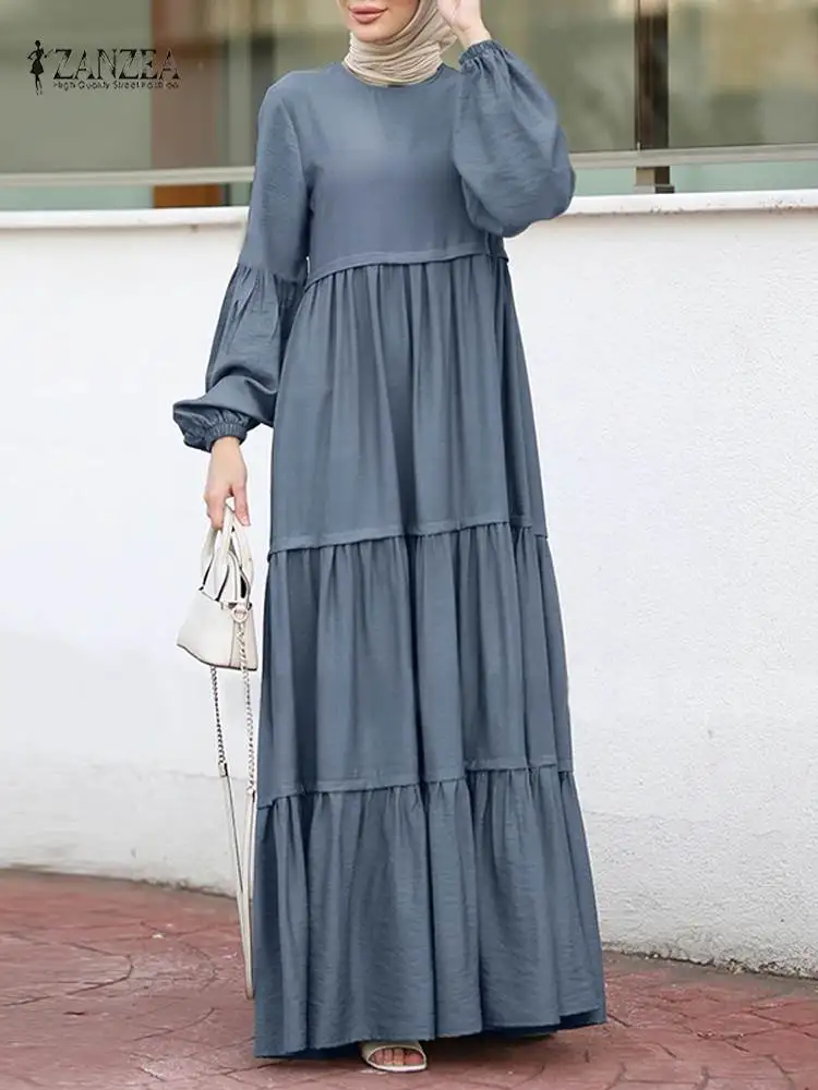 

2024 ZANZEA Women Fashion Eid Mubarek Muslim Dress Autumn O Neck Long Sleeve Ruffles Sundress Elegant Marocain Ramadan Vestido