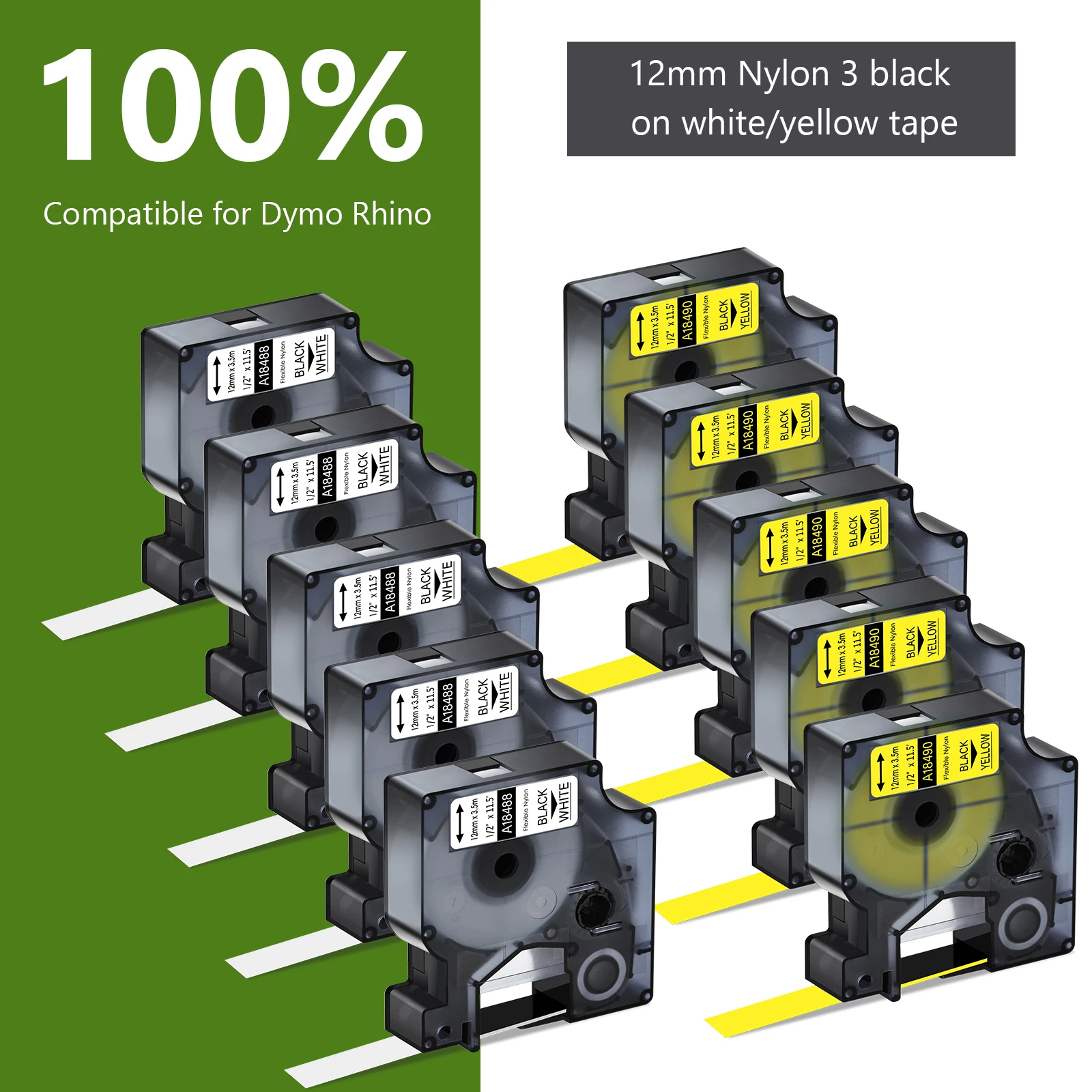Dymo Rhino 18488 18489 12mm용 흰색 IND 유연한 나일론 라벨 테이프..