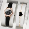 2PCS/Set Fashion Small Dial Women Watches Leather Band Quartz Watch Heart Bracelet Set（Without Box） 1