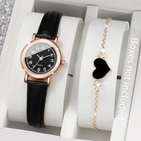 2PCS/Set Fashion Small Dial Women Watches Leather Band Quartz Watch Heart Bracelet Set（Without Box） 1
