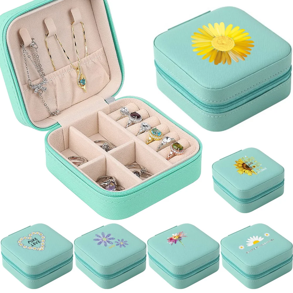 

Portable Jewelry Box Jewelry Organizer Display Travel Jewelry Case Daisy Pattern Boxes Leather Storage Earring Necklace Jewelers
