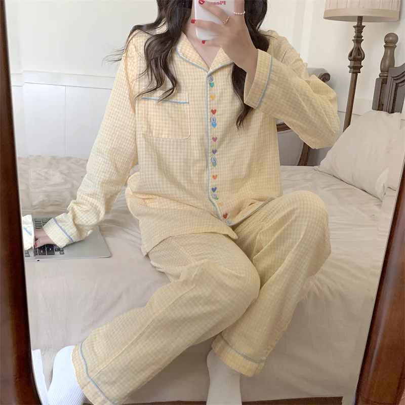 Women Pajamas Set Korean Summer Cute Heart Print Long Sleeve
