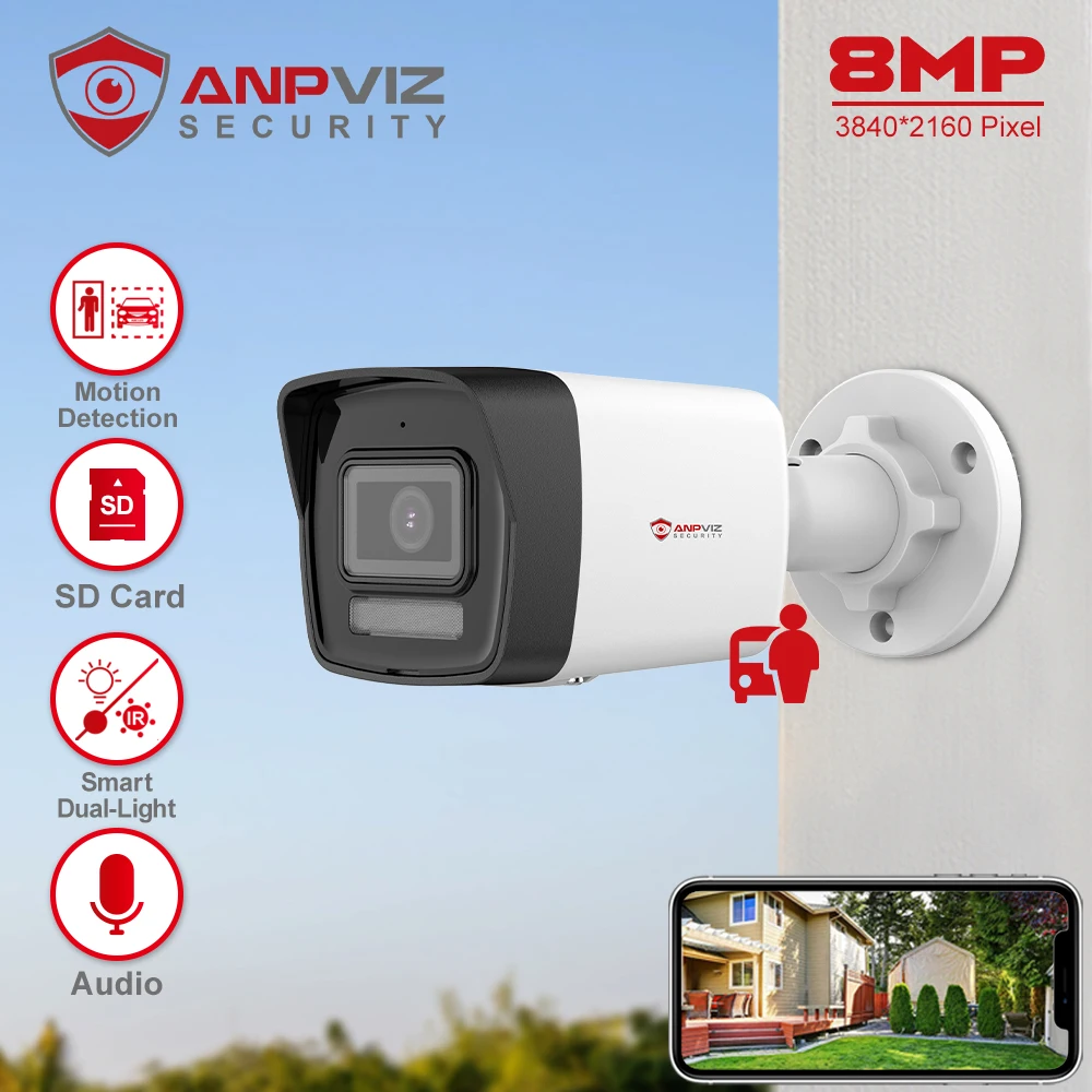 Anpviz 8Mp Poe Ip Bullet Camera Outdoor Smart Dual-Light Color Vu 30M Cctv Videosorveglianza Slot Per Scheda Sd Rilevamento Umano/Auto