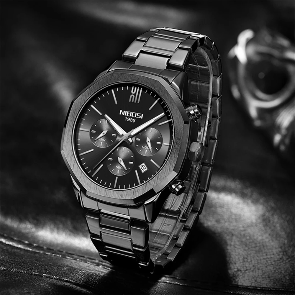 NIBOSI Mens Watches Top Brand Luxury Stainless Steel Chronograph Quartz Watch Sport Waterproof Date Wristwatch Relogio Masculino