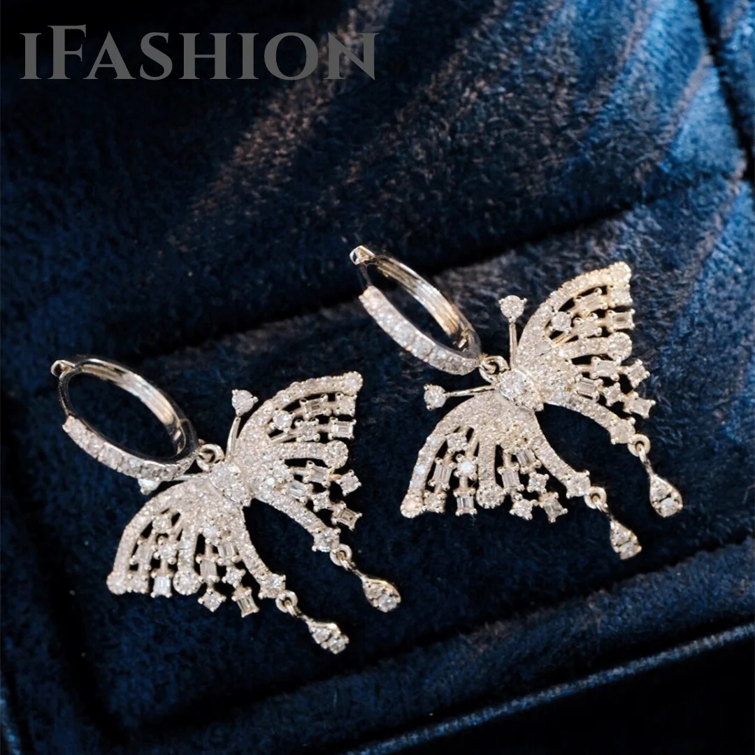 

IFASHION Butterfly 1.36ct Diamond Trapezoidal Earrings Tassels 18K Import Solid Yellow Real Gold Jewelry(AU750)For Women