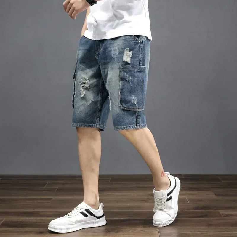 

Шорты-карго мужские рваные, длинные джинсовые брюки до колена, уличная одежда в стиле Харадзюку, Стрейчевые мешковатые, винтажные, Xl