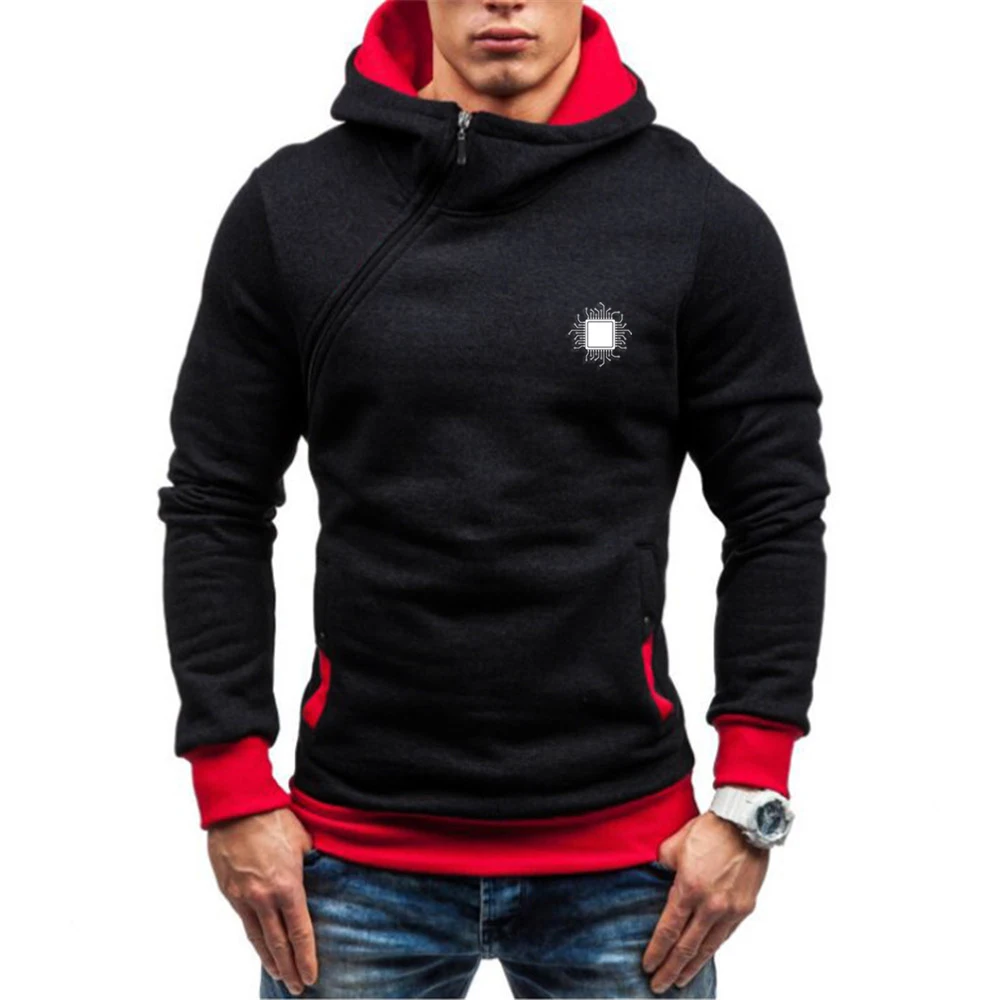 2023 New CPU Processor Circuit Diagram Spring and Autumn Casual Solid Men Diagonal Zipper Long Sleeve Sweatshirts Hoody Pullover