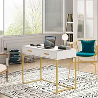 Computer Desk with 2 Drawers, White and Gold Desk Modern Writing Desk Study Table for Home Office, Bedroom (White/Gold) 2