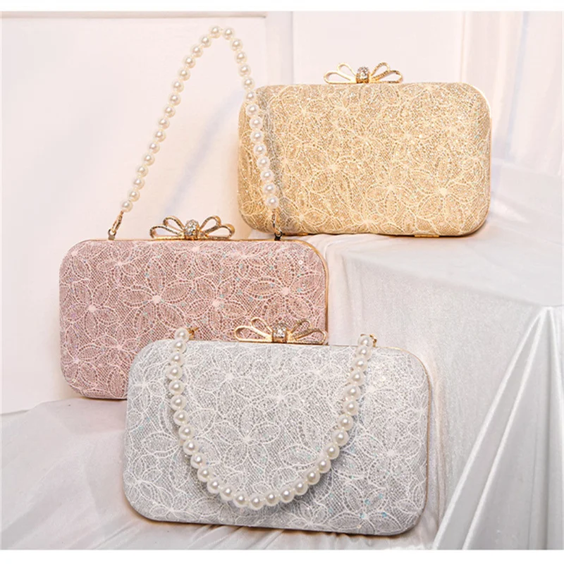 

2023 New Women Lace Flowers Evening Bags Banquet Diamond Bow Clutch Bags Sequines Wallets 3 Colors Drop Shipping