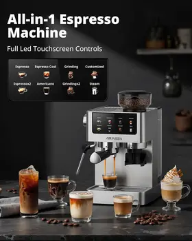 20 Bar Espresso Machine with Burr Grinder & Milk Frother, Stainless Steel, Home Coffee Maker for Cappuccino, Latte, Cold Brew, Americano 2