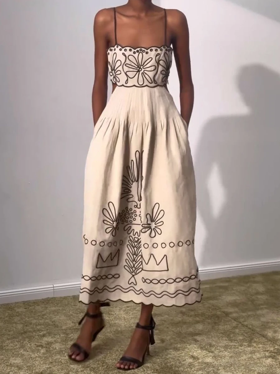 

Женское винтажное платье-миди без рукавов, повседневное длинное платье-трапеция с графическим принтом и открытой спиной, лето 2024