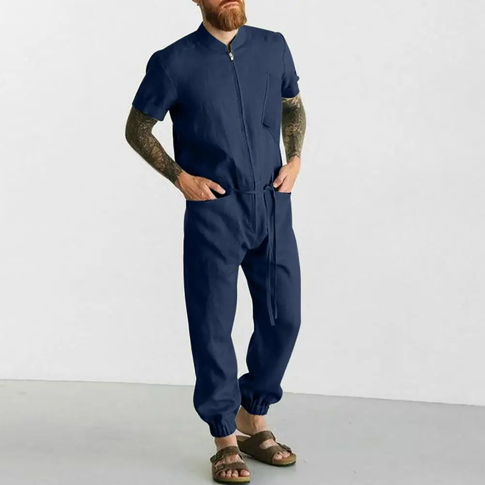 

Men Jumpsuit Solid Color Short Sleeves Patch Pocket Zipper Fly Stand Collar Summer Linen Blend Romper