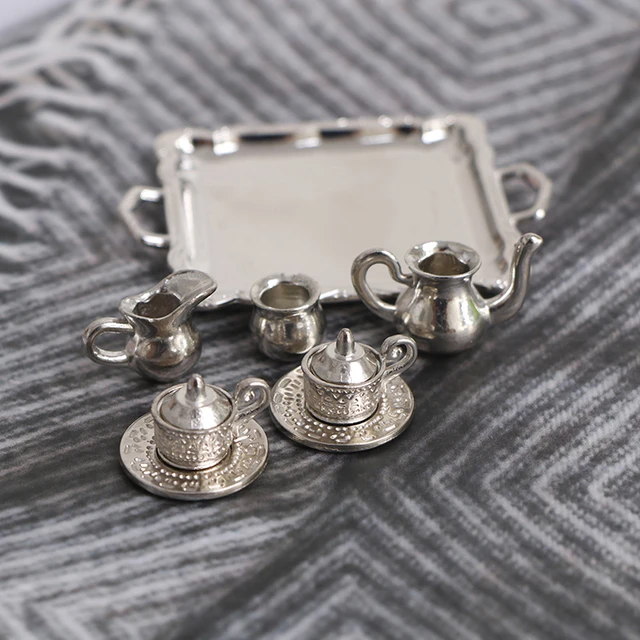 10pcs 1/12 Dollhouse Miniature Silver Metal Tea Coffee Tray Tableware Set 3