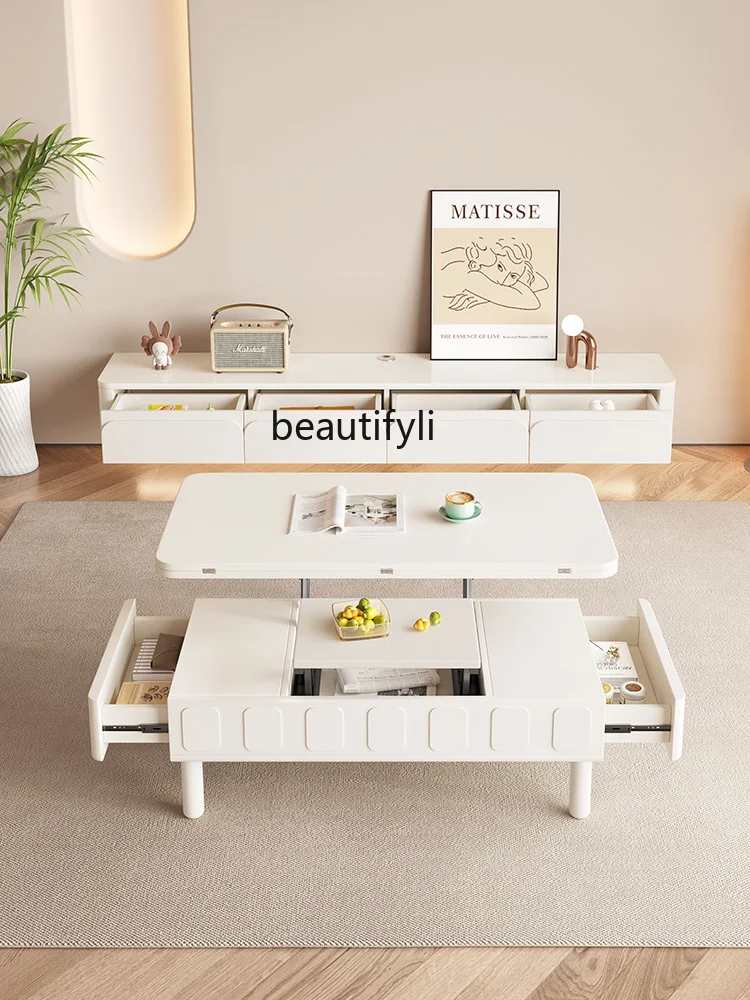 

Cream Style Coffee Table TV Cabinet Combination Living Room Multi-Functional Lifting and Foldable Dining Table Desk Integrated