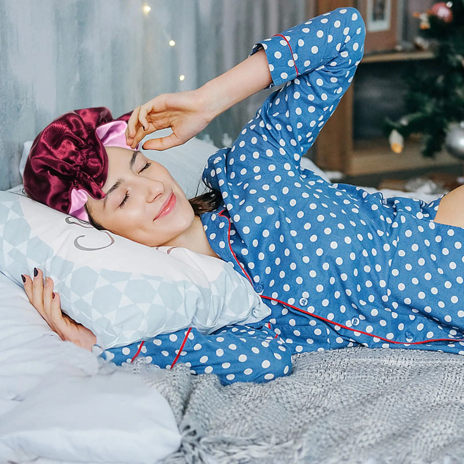 여성용 이중 레이어 새틴 보닛, 조절 가능한 탄성 나이트 수면 모자, 탈모 방지, 부드러운 모발 관리, 실키