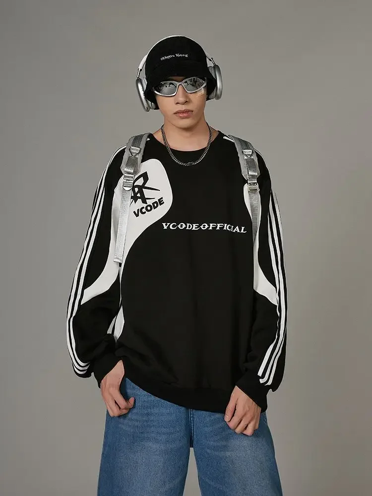 Patchwork Sweatshirt Men's American Streetwear Loose Simple Round Neck Pullover Korean Fashion Casual Coat Long Sleeve Tops New