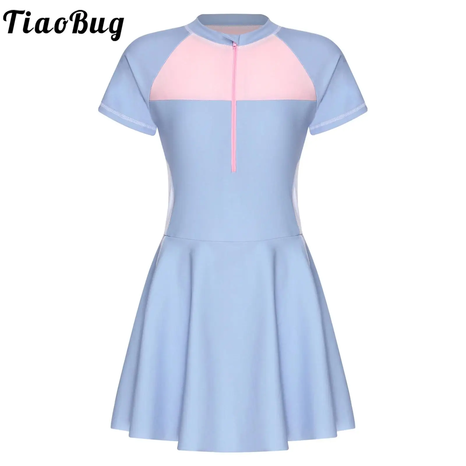 

Kids Girls One-piece Swimsuit Short Sleeve Swimming Skirt Color Block Patchwork Swimwear Zip for Japanese Style Swimming Skirt