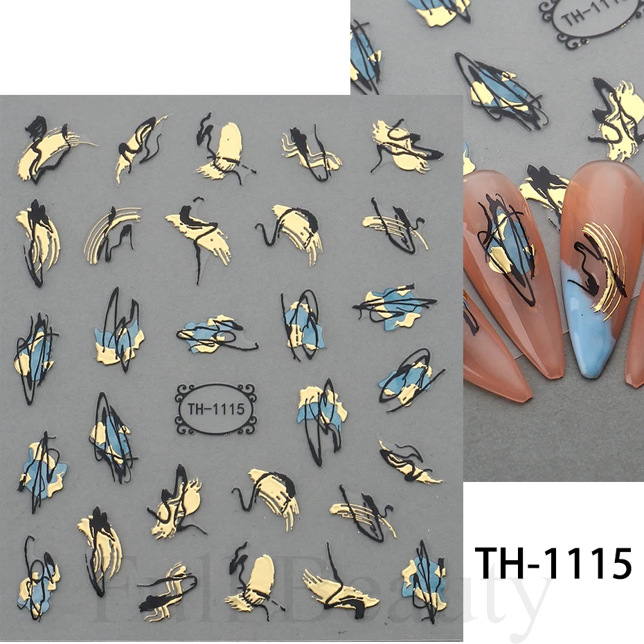 Nail Stickers 3D Golden Wave Line Nail Sticker Marble Blue Geometry Abstract Flowers Nail Art Sliders Decals Foils Manicure Decorations