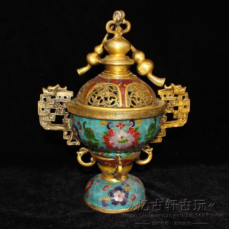 

Antique Factory Wholesale Bronze Crafts Antique Distressed Desktop Decoration Cloisonne Cloisonne Gourd Incense Burner