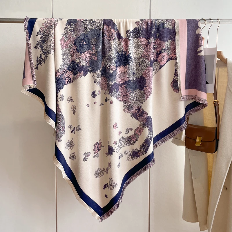

2023 New Square Cashmere Scarf Women Luxury Design Floral Print Winter Warm Soft Thick Shawls Wraps Female Pashmina Blanket