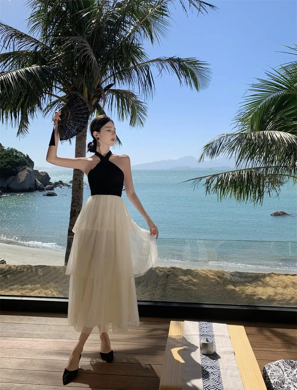 Elegant Patchwork Ruffles Cake Dresses for Women Halter Sleeveless Backless Evening Party Dress Prom A-line One Piece Vestido