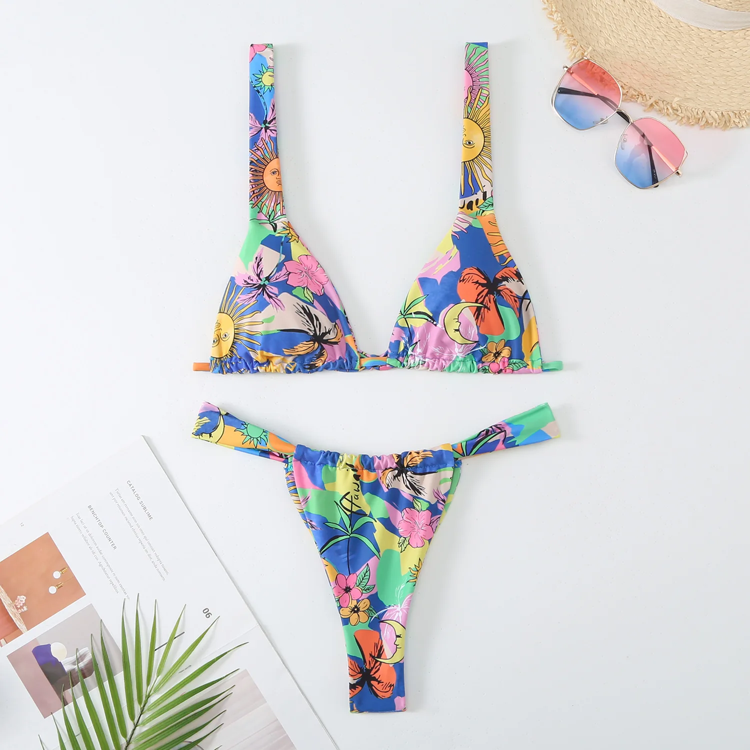 Bas de maillot tanga Agathe - Fleurs bleues