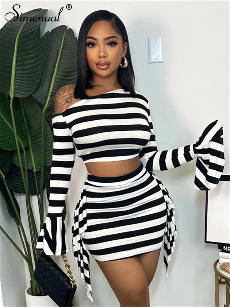 Simenual Y2K Aesthetics Women Striped Co-ord Suits Fairy Flare Sleeve Skew Collar Crop Tops Sexy Mini Skirts Slim 2 Piece Sets