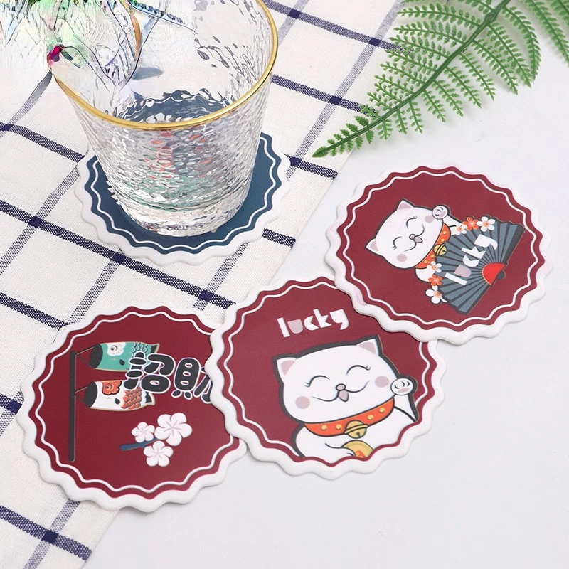

Japanese Cartoon Cat Soft Rubber Round Desktop Decoration Insulation Mat Restaurant Placemat Creative PVC Coaster Non-slip Mat