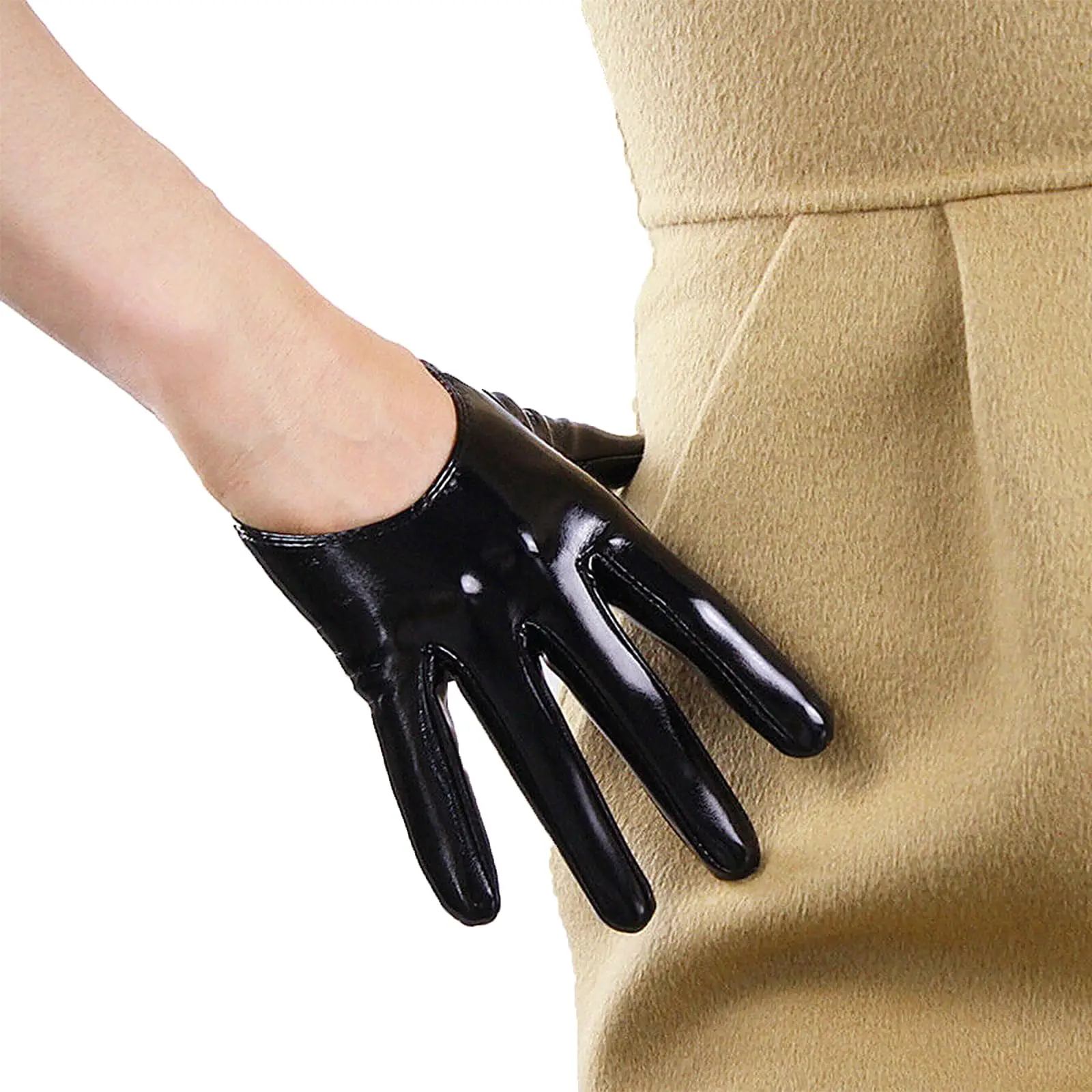 

Women's Shiny Black Short Gloves Half Palm Faux Patent Leather Latex Wet Look Sexy Glossy Cosplay Nightclub Fashion Glove