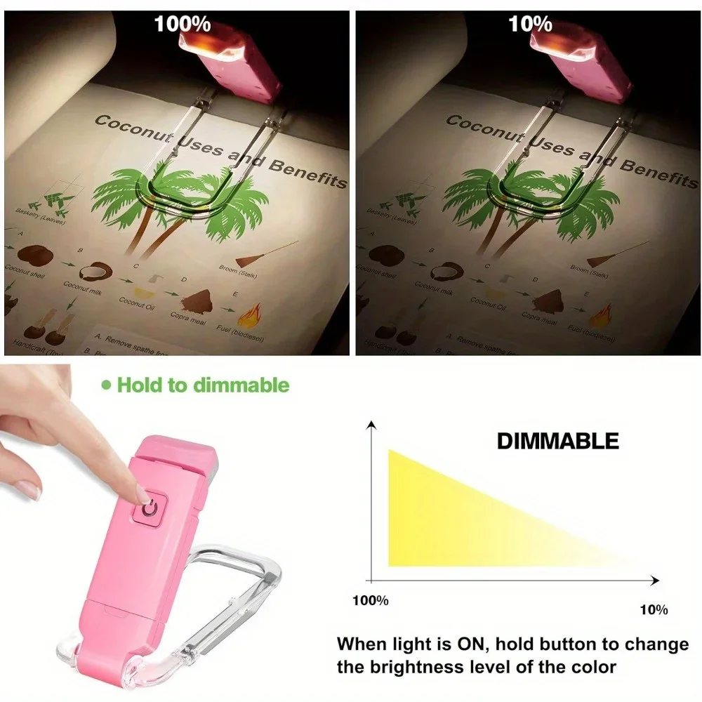 2-Pack, Rechargeable Reading LED Clip-on Book Light, Bedside Compact Light, Brightness Adjustable, Eye Protection-Pink