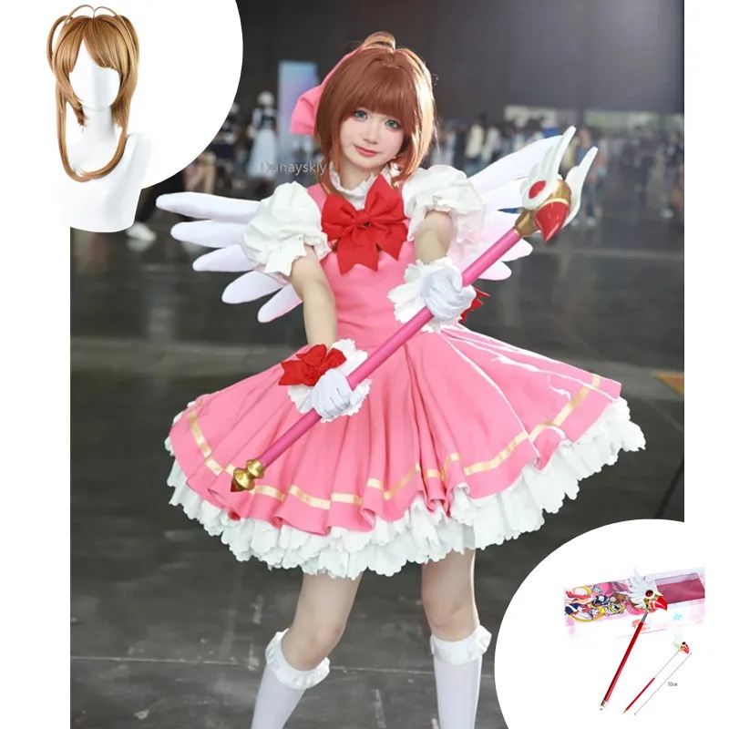 

Anime Cardcaptor Sakura Card Captor Cosplay Kinomoto Sakura Cosplay Costume Wig Pink Lolita Dress Halloween Fancy Cos Party Suit