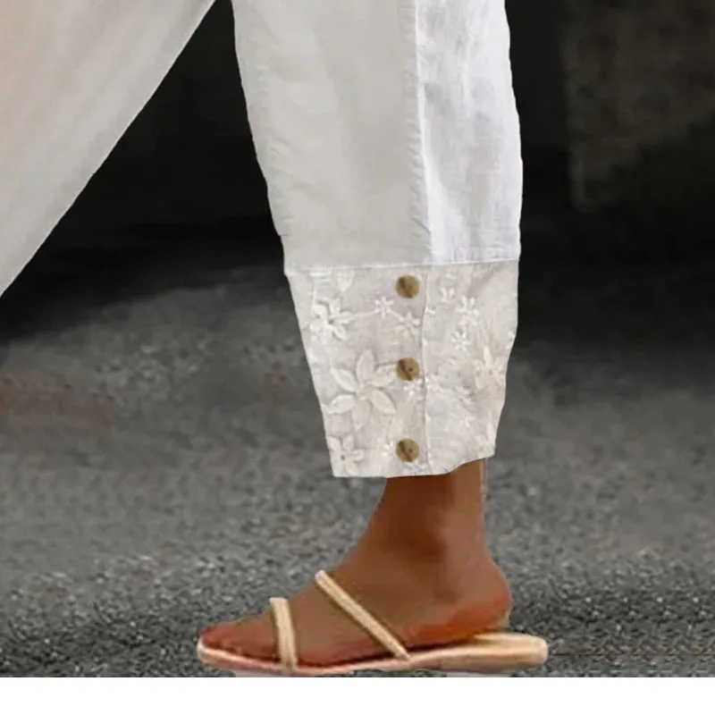 Women Fashion Embroidered Lace Trousers Vintage Lace-Up Pockets Pants Summer Elegant Loose Elastic Waist Long Pants Streetwears