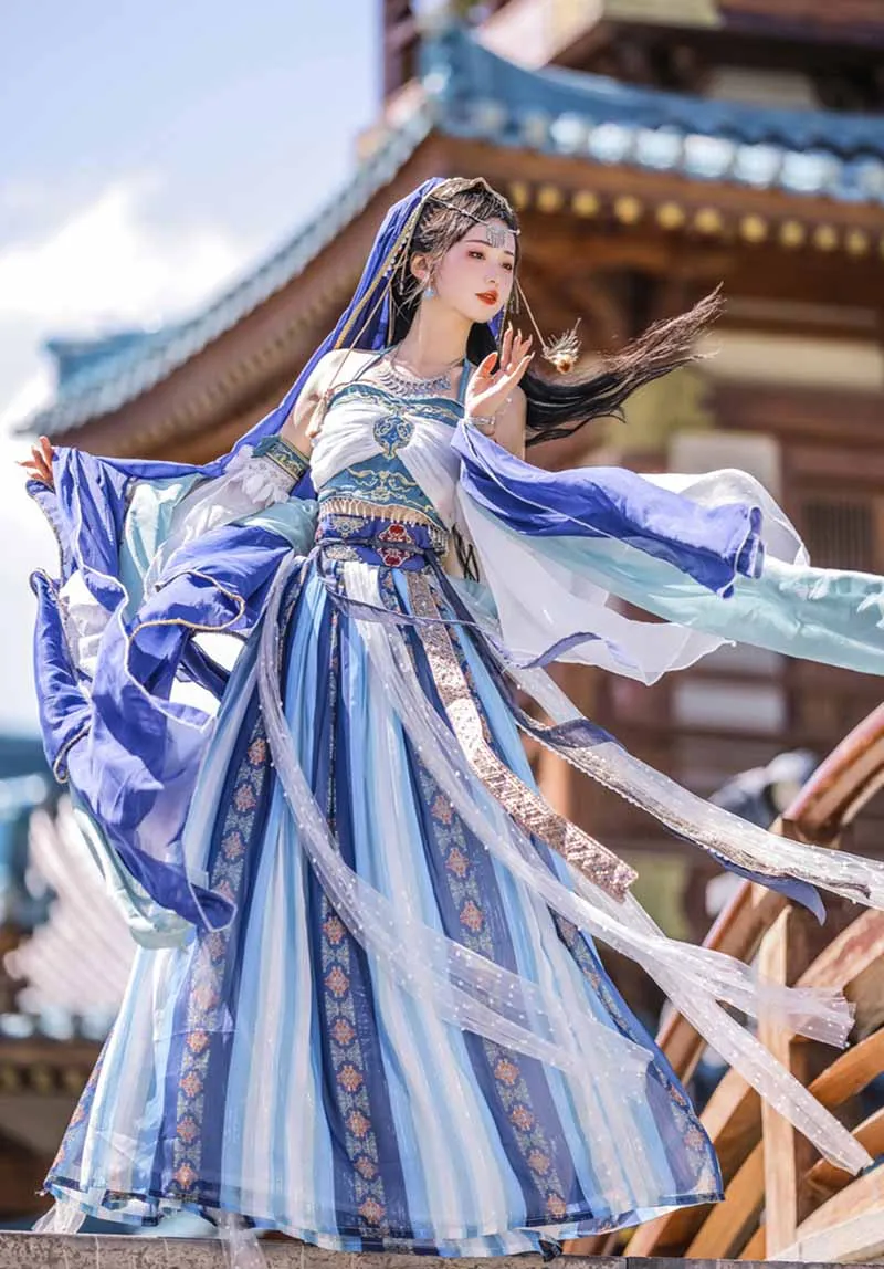 Hanfu Dress Women Festival Arabian Princess Costume Blue Indian Dance Dress Female Carnival Cosplay Costume Party