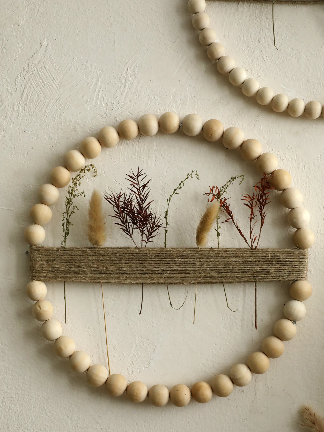 Handmade Wooden Bead and Jute Rope Wall Hanging Boho Rustic