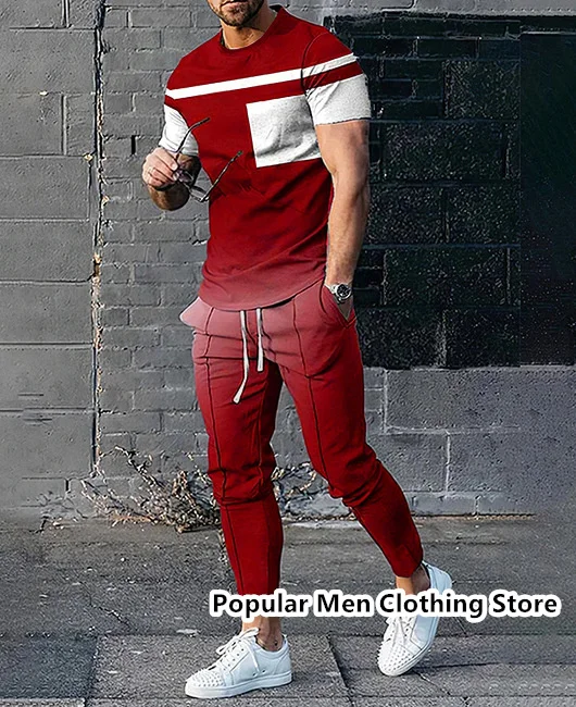 

Summer Sportwear Suit Short Sleeve T Shirt Long Pants 2 Piece Sets Men Tracksuit 3D Printed Casual Oversized Street Male Clothes