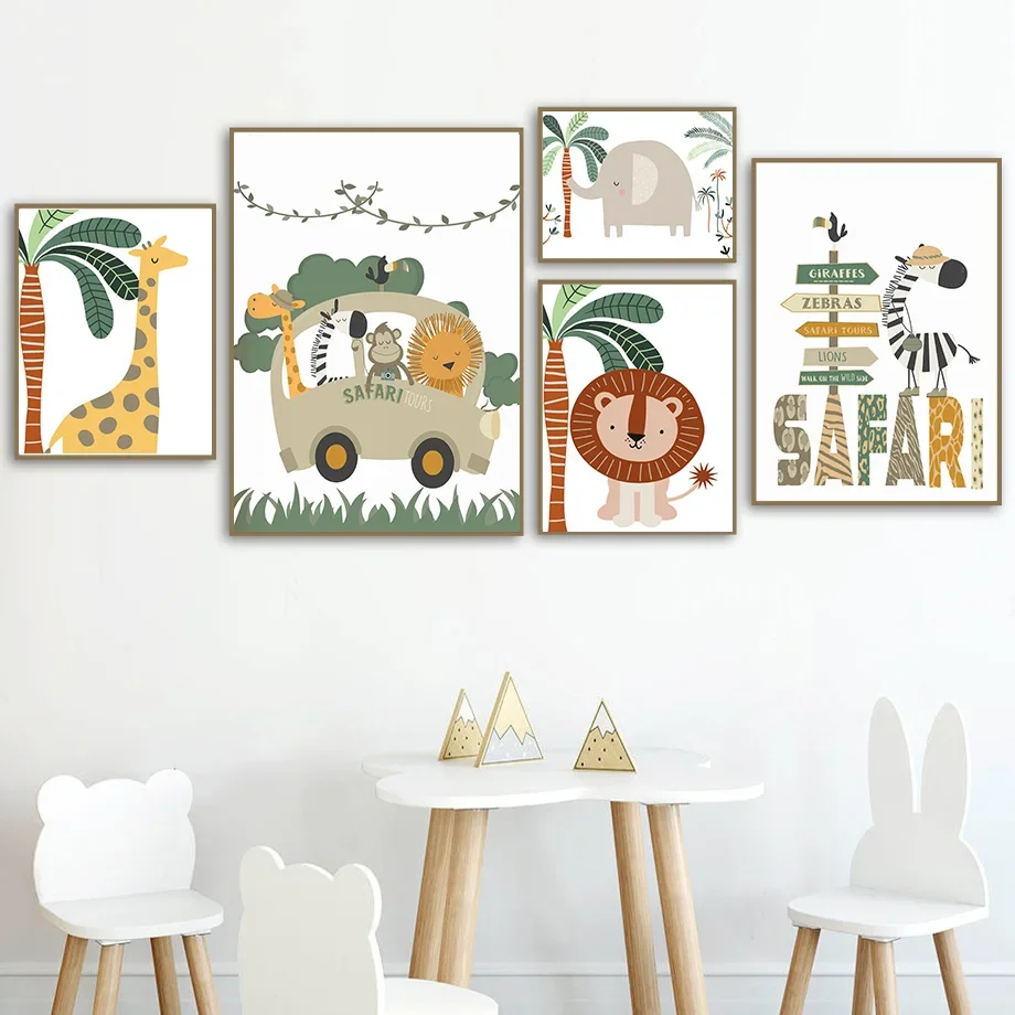 

Nordic Canvas Posters and Prints, Wall Pictures, Lion, Giraffe, Monkey, Sloth, Zebra, Jungle Animals Painting, Kids Room Decor