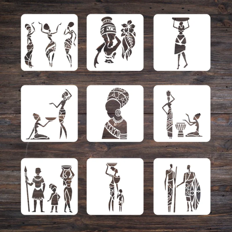 

African Tribe Stencils DIY For Wall Scrapbook Journal Album Embossing Graffiti Decoration Painting Template Reusable 9Sheets/set
