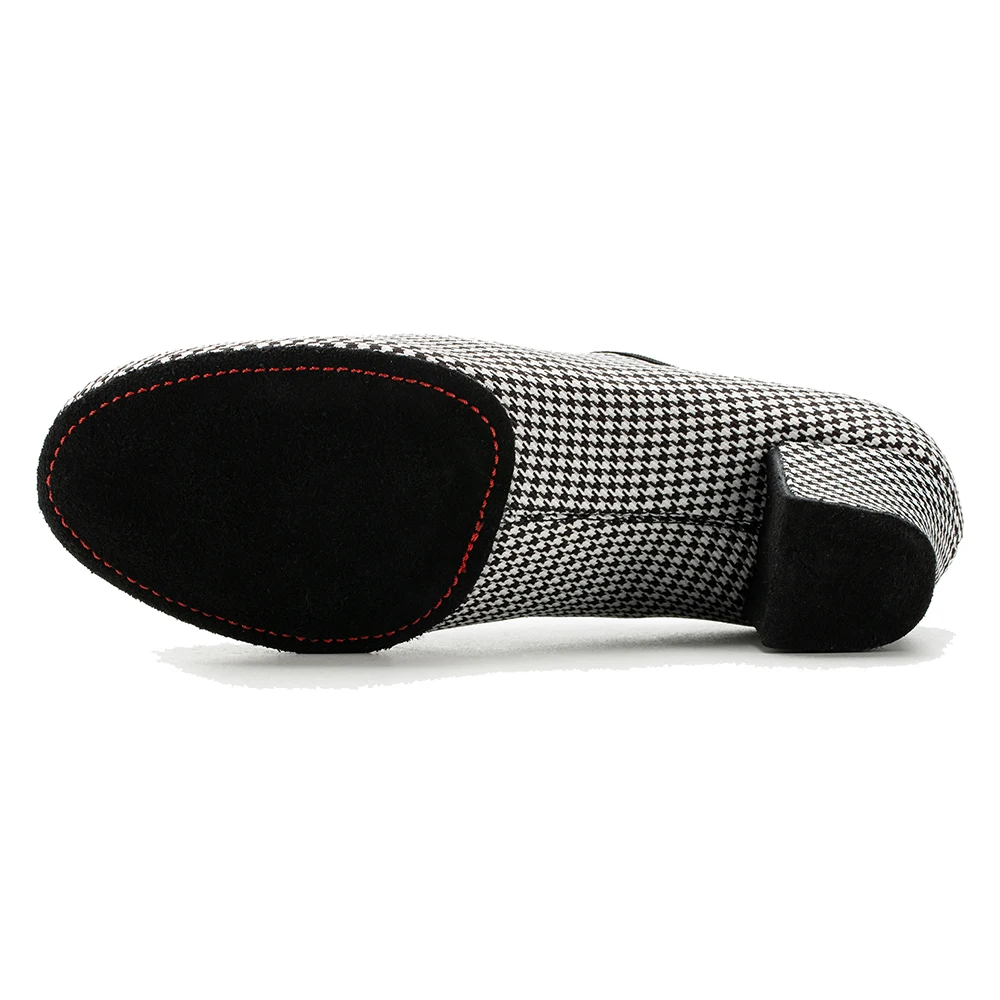 Women  Latin Ballroom Dance Shoes Medium High Heel Soft Sole Breathable Oxford Cloth Houndstooth Dance Shoes 5