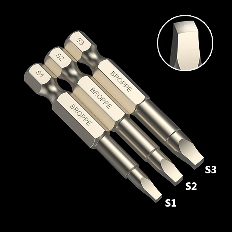 Broppe 3Pcs Set 50mm Electric Driver Bits Hand Tool Screwdriver Bit S1 S2 S3 1/4 Inch Hex Shank Magnetic Square Head