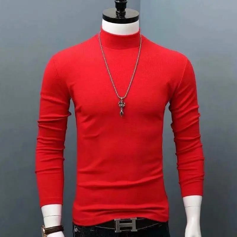 Fashion Men's Casual Slim Fit Basic Turtleneck High Collar Pullover Male Autumn Spring Thin Tops Basic Bottoming Plain T-shirt