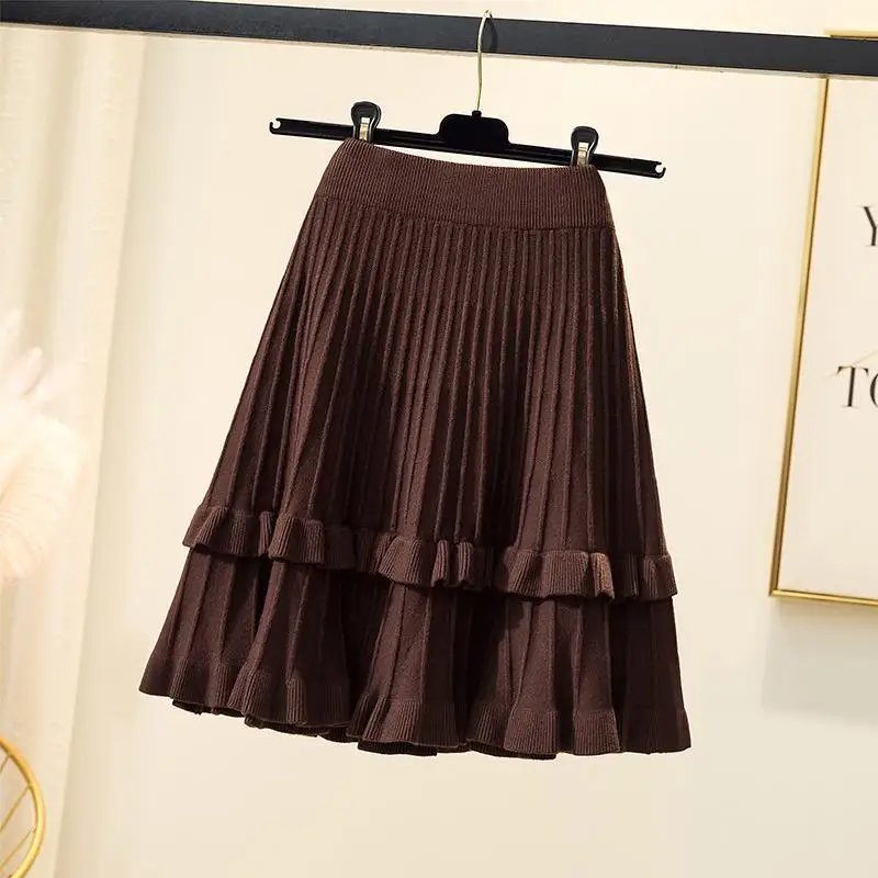 Knitting High Waist Skirts Autumn Winter New Pleated Solid Loose All-match Short A-line Skirt Vintage Elegant Women Clothing