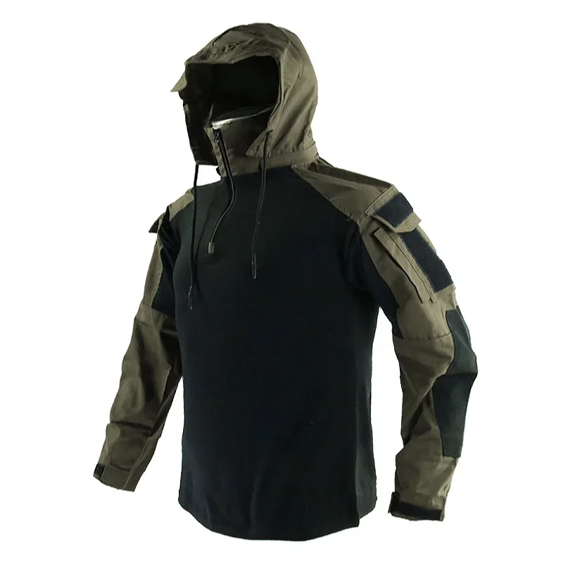 남성용 긴 소매 전투 셔츠 1/4 지퍼 립 스톱 후드 전술 셔츠 네이비 블루 Camoufalge Airsoft T 셔츠 낚시 탑
