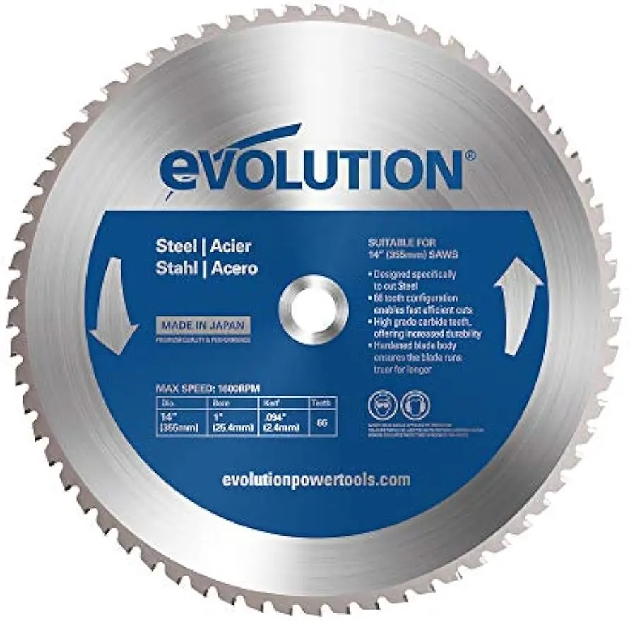 

Evolution Power Tools 14BLADEST Steel Cutting Saw Blade, 14-Inch x 66-Tooth Blue