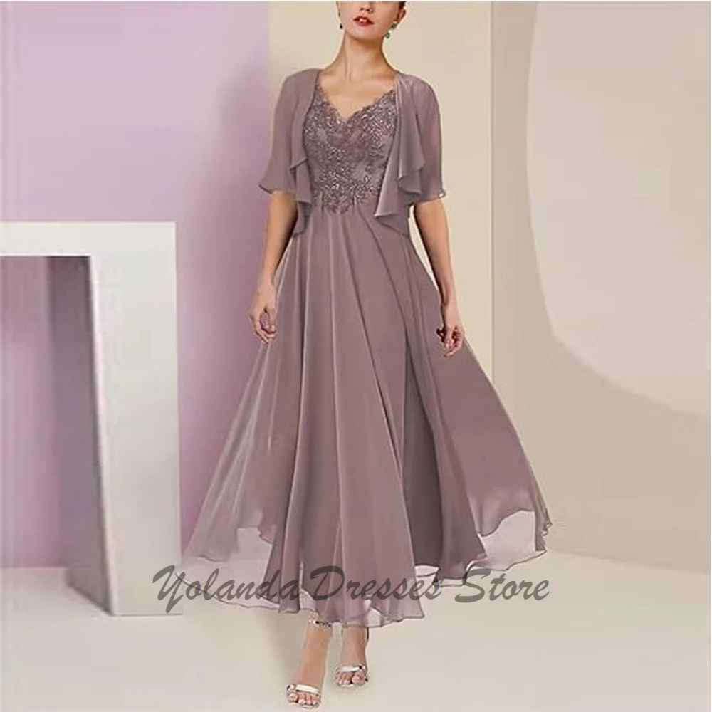 Modern 2 Piece Mother of The Bride Dresses Jacket Half Sleeves Appliques Lace Formal Evening Gown Pockets Ankle Length