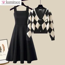 Diamond Patchwork Knitted Sweater Cardigan Sexy Suspender Dress Two Sets Elegant Women's Skirt Set Spring Outfits