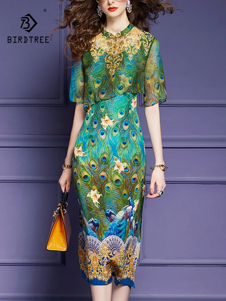 

Birdtree 100%Real Silk Dresses For Women, High Waisted Floral, Beading Elegant Vintage Cheongsam Dress, 2024 Summer D42123QC