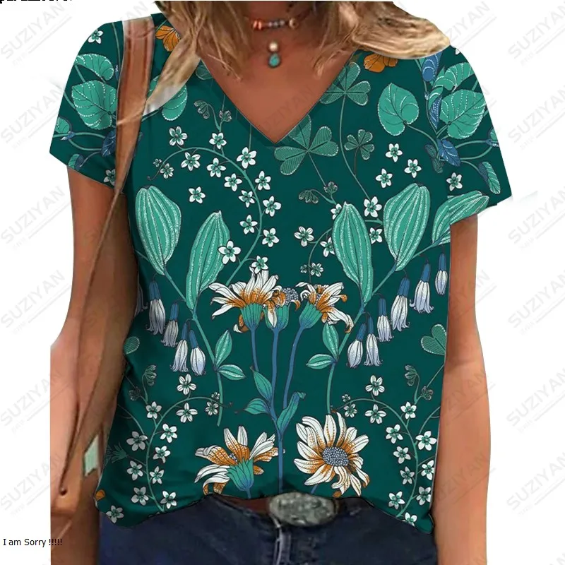 

Women's Short Sleeve V-Neck Casual Loose Large Fragmented Flower T-shirt Hot Selling Home Street 3D Printed Short Sleeve T-shirt