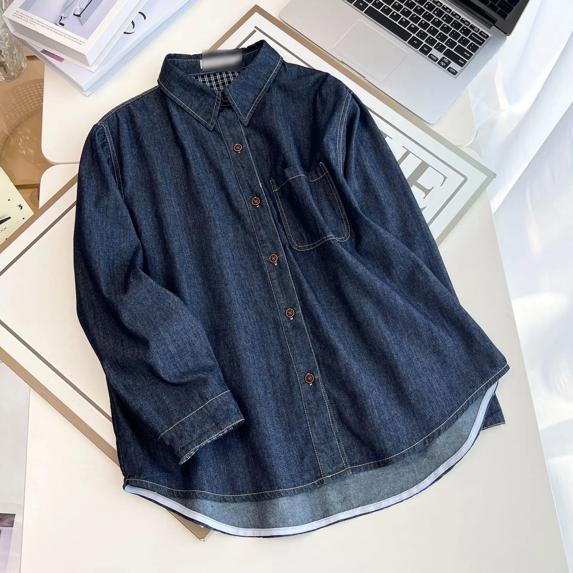 Fashion Plus Size Women's Blouses Autumn New Casual Plaid Patchwork Long Sleeve Denim Shirt Casual Top 9678