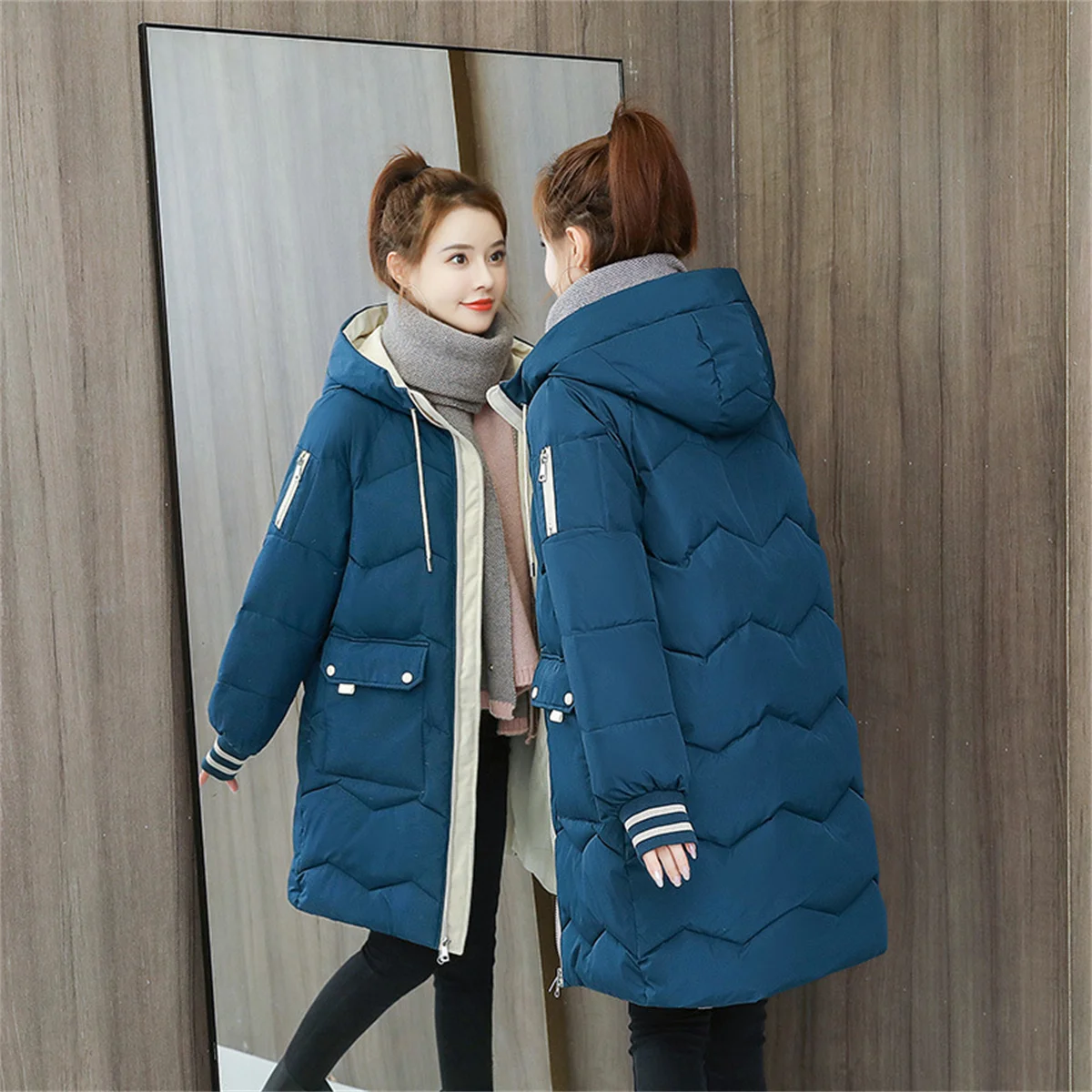 thumbnail image 1 of Abrigo largo de algodón con capucha para mujer, parka gruesa y cálida, a prueba de viento, informal, para estudiantes, invierno, 2024, 1 of 5