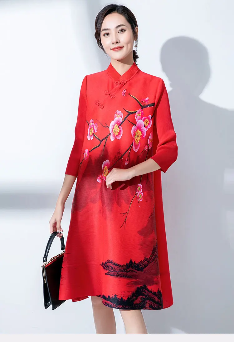 Fivela de Ameixa Primavera Estilo Chinês Vestido Miyake Inclinado Placket Colarinho Vermelha Impressão Diamante Incrustado Nacional Pregas Robe 2022 1 Computers & Electronics